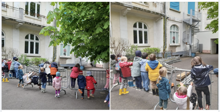 Les enfants observent et s'intéressent au métier de peintre en bâtiment.